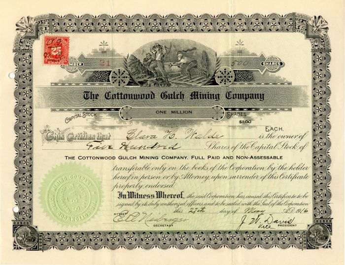 Cottonwood Gulch Mining Co. - Stock Certificate