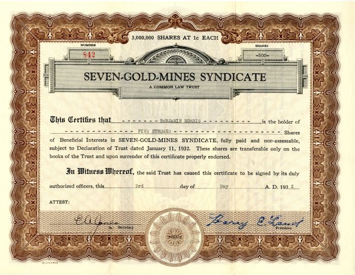 Seven-Gold-Mines Syndicate - Stock Certificate