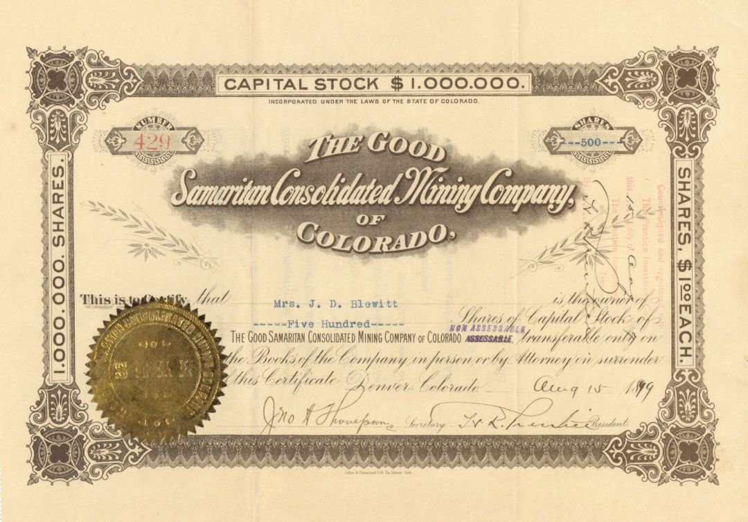Good Samaritan Consolidated Mining Co. of Colorado - 1899 dated Colorado Mining Stock Certificate