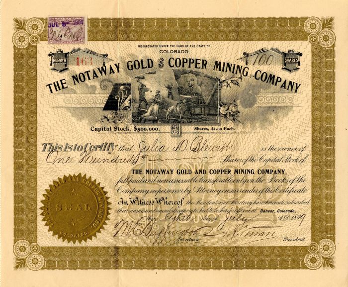 Notaway Gold and Copper Mining Co. - 1899 dated Colorado Mining Stock Certificate