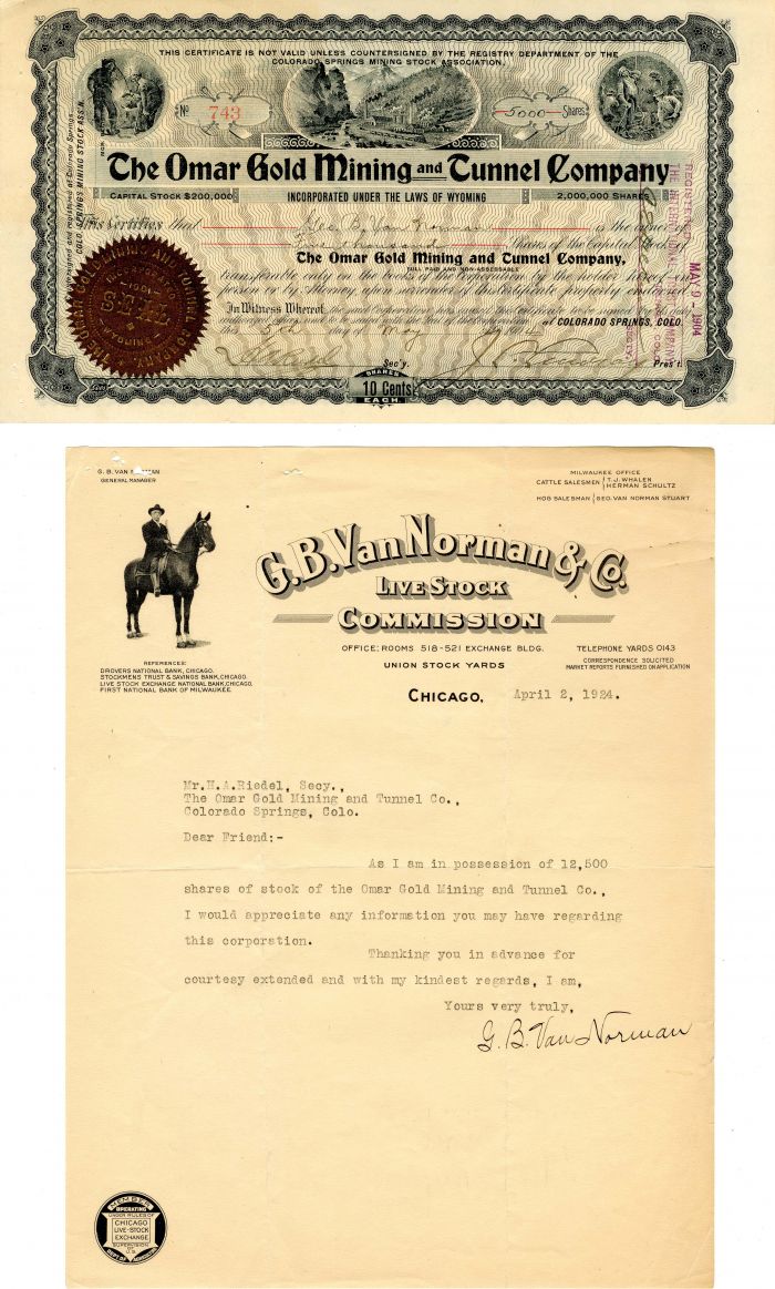 Omar Gold Mining and Tunnel Co. - Colorado Springs, Co Mining Stock Certificate