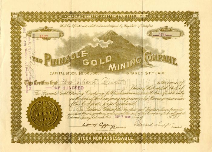 Pinnacle Gold Mining Co. - Stock Certificate