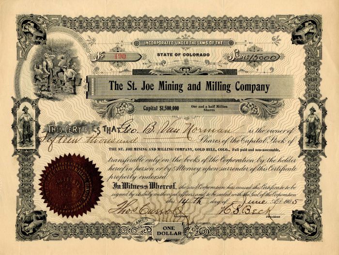 St. Joe Mining and Milling Company - Stock Certificate