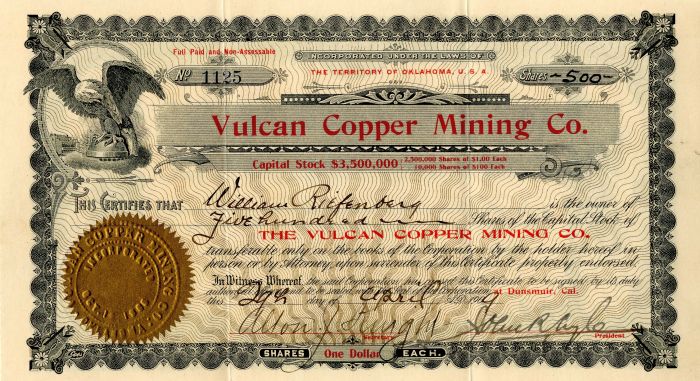 Vulcan Copper Mining Co. - Stock Certificate