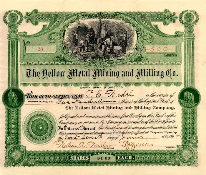 Yellow Metal Mining and Milling Co. - Stock Certificate