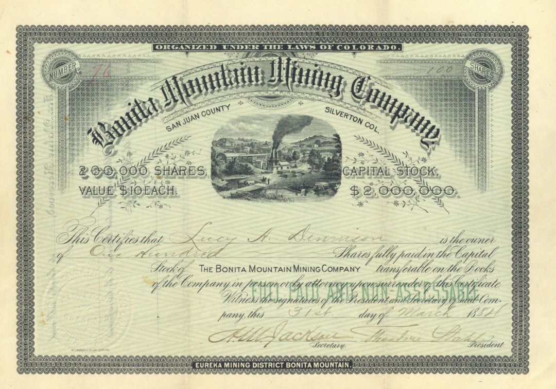 Bonita Mountain Mining Company - 1884 dated Colorado Mining Stock Certificate - San Juan County, Silverton Colorado
