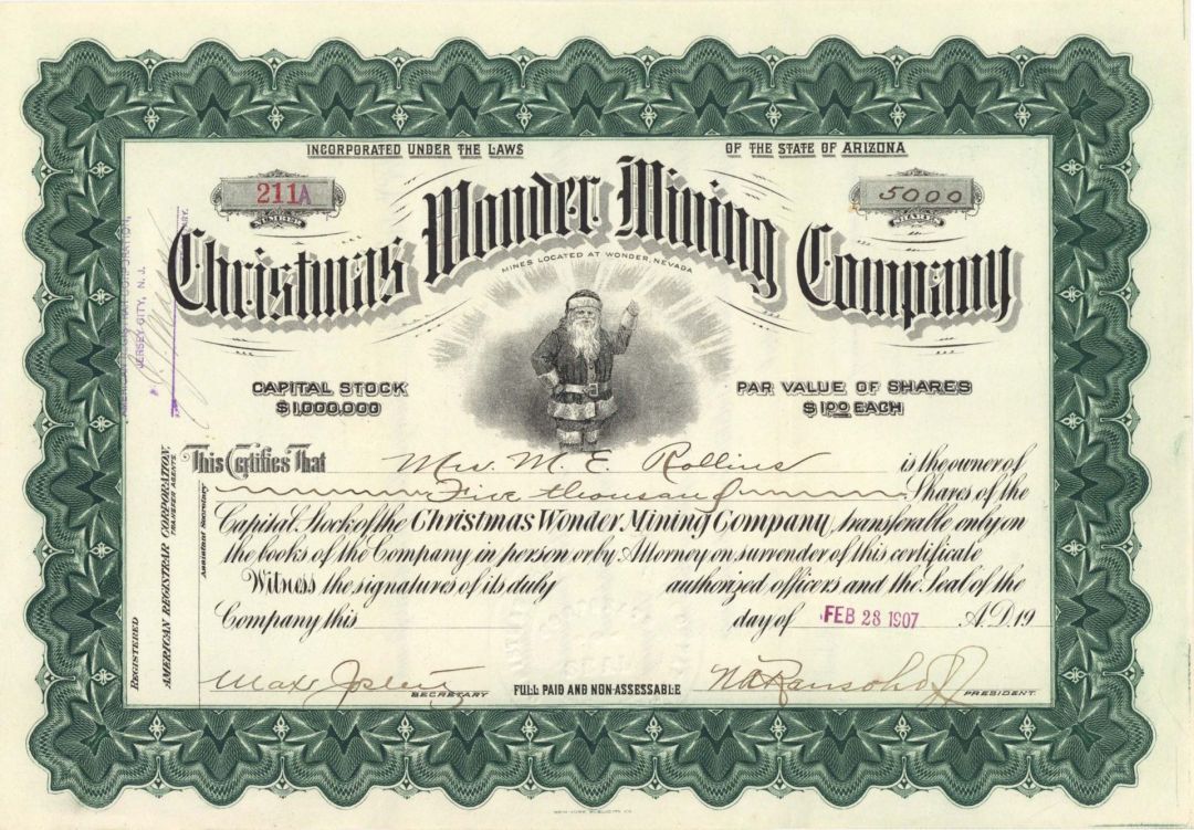 Christmas Wonder Mining Co. - 1907 dated Stock Certificate