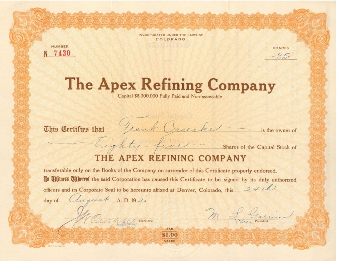 Apex Refining Co. - Stock Certificate