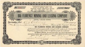Big Florence Mining and Leasing Co. - Stock Certificate