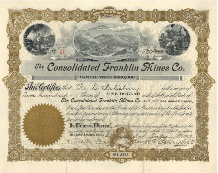 Consolidated Franklin Mines Co. - 1902 dated Colorado Mining Stock Certificate