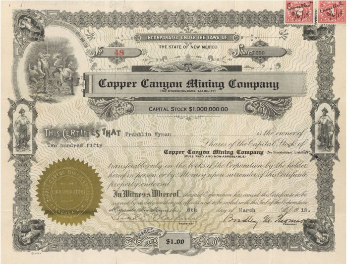 Copper Canyon Mining Co. - Stock Certificate
