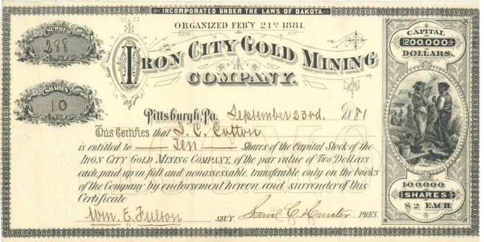 Iron City Gold Mining Co. - Deadwood, Lawrence County, Dakota Territory - Stock Certificate
