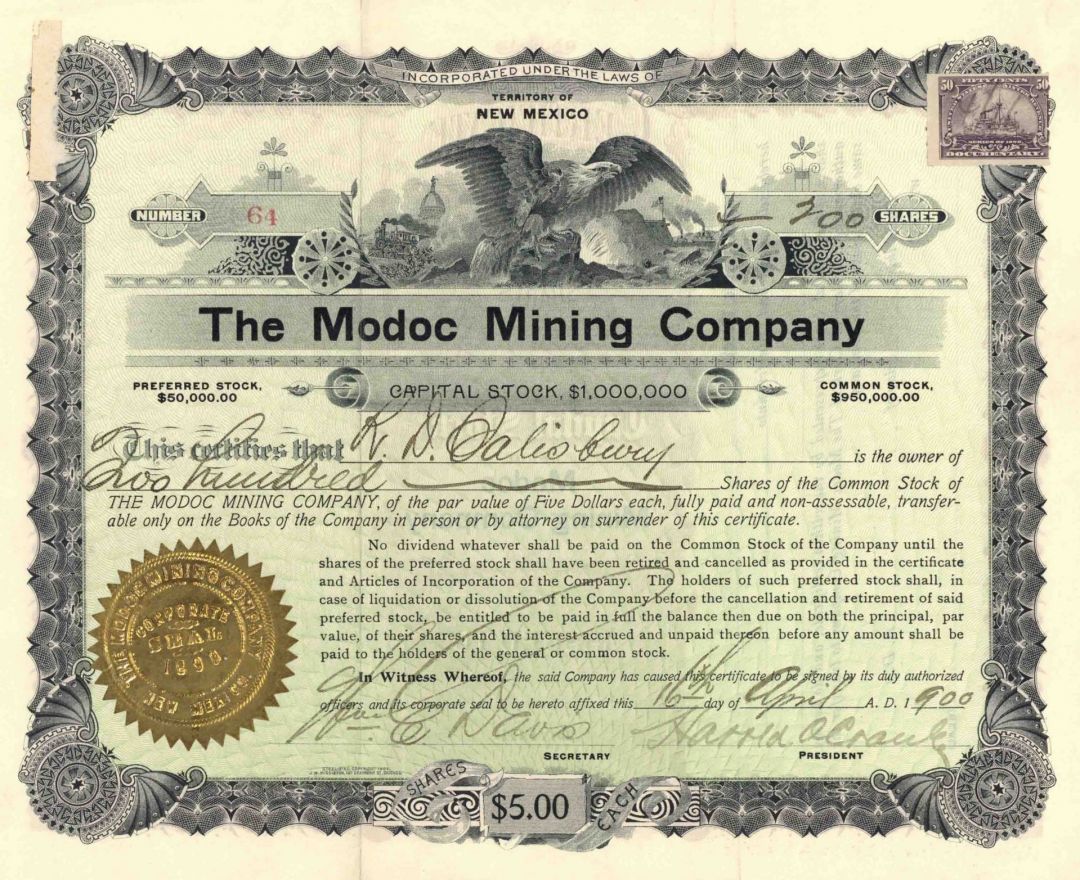 Modoc Mining Co. - New Mexico Mining Stock Certificate
