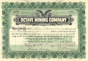 Octave Mining Co. - 1908 dated Arizona Mining Stock Certificate