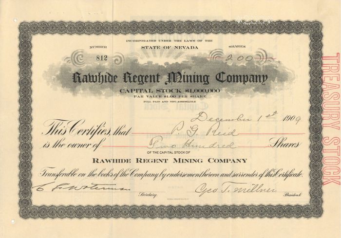 Rawhide Regent Mining Co. - Stock Certificate