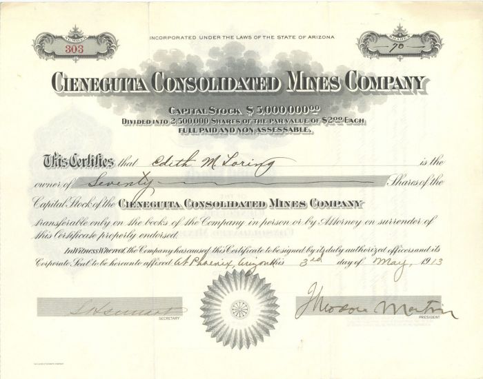 Cieneguita Consolidated Mines Co. - Stock Certificate