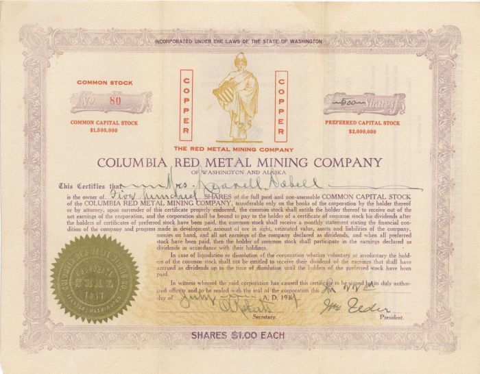 Columbia Red Metal Mining Co. - Alaska & Washington Stock Certificate
