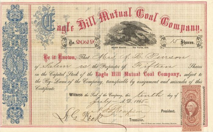 Eagle Hill Mutual Coal Co. - Stock Certificate
