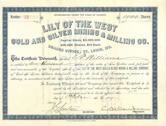 Lily of the West Gold and Silver Mining and Milling Co. - Stock Certificate