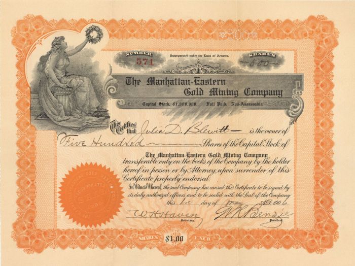 Manhattan-Eastern Gold Mining Co. - Stock Certificate