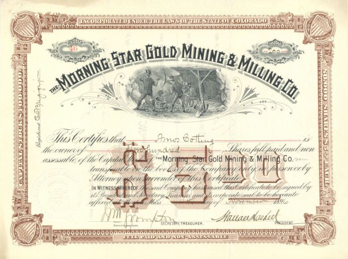 Morning Star Gold Mining and Milling Co. - Stock Certificate