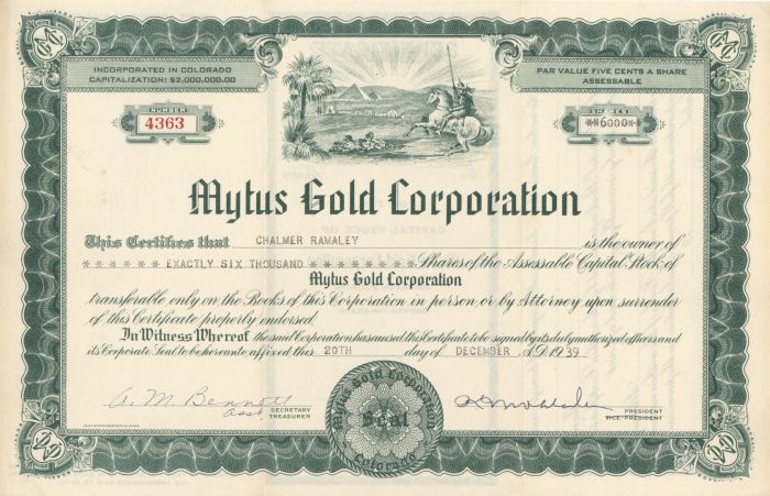Mytus Gold Corporation - Stock Certificate