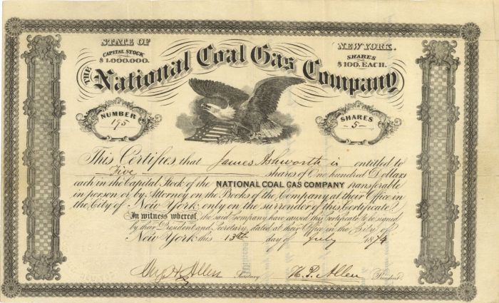 National Coal Gas Co. - Stock Certificate