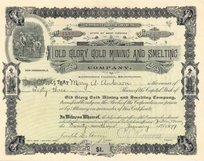 Old Glory Gold Mining and Smelting Co. - Stock Certificate