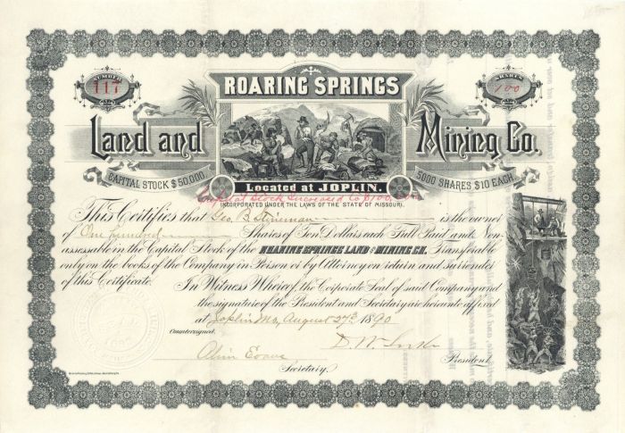 Roaring Springs Land and Mining Co. - Stock Certificate