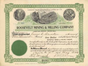 Roosevelt Mining and Milling Co. - California Mining Stock Certificate