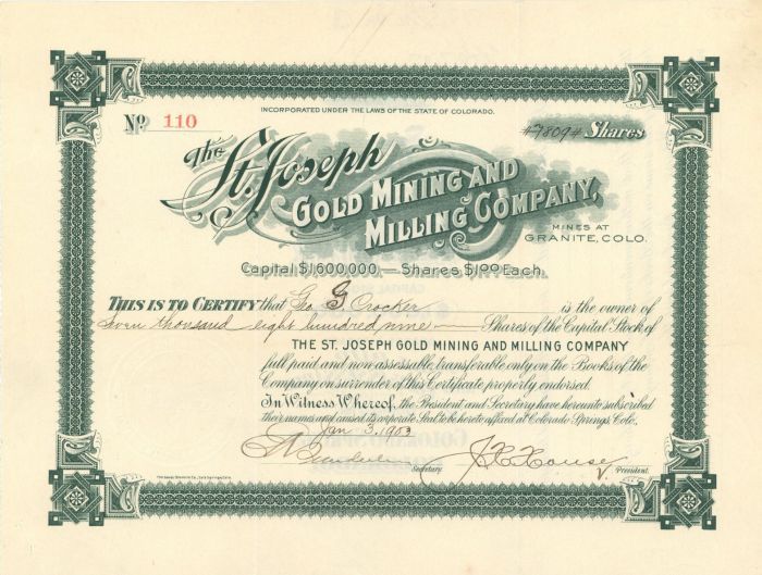 St. Joseph Gold Mining and Milling Co. - Stock Certificate