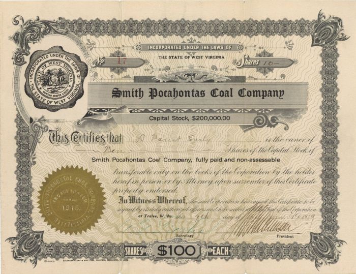 Smith Pocahontas Coal Co. - Stock Certificate