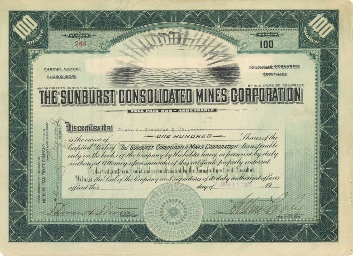 Sunburst Consolidated Mines Corporation - Stock Certificate