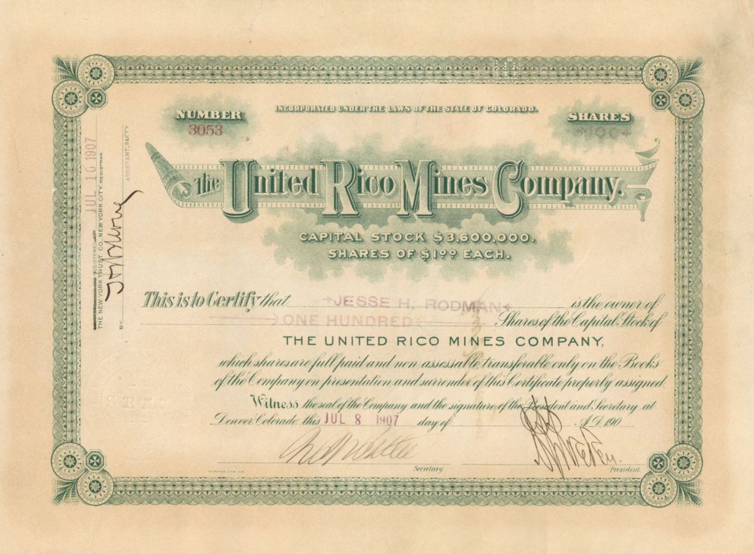 United Rico Mines Co. - 1907 dated Stock Certificate