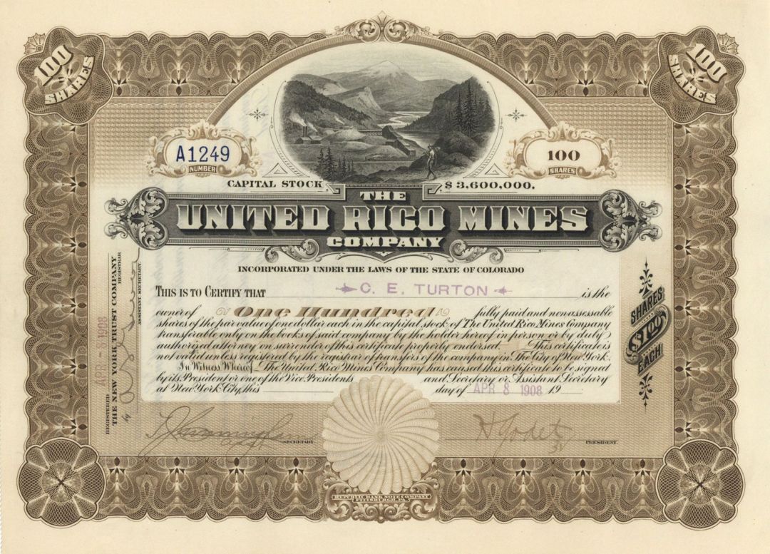 United Rico Mines Co. - 1908-1909 dated Stock Certificate