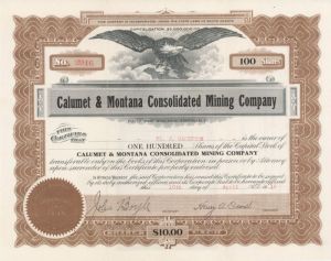 Calumet and Montana Consolidated Mining Co. - Stock Certificate
