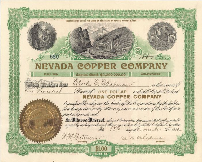 Nevada Copper Co. - Mining Stock Certificate