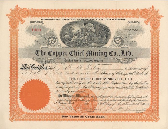 Copper Chief Mining Co., Ltd. - Stock Certificate