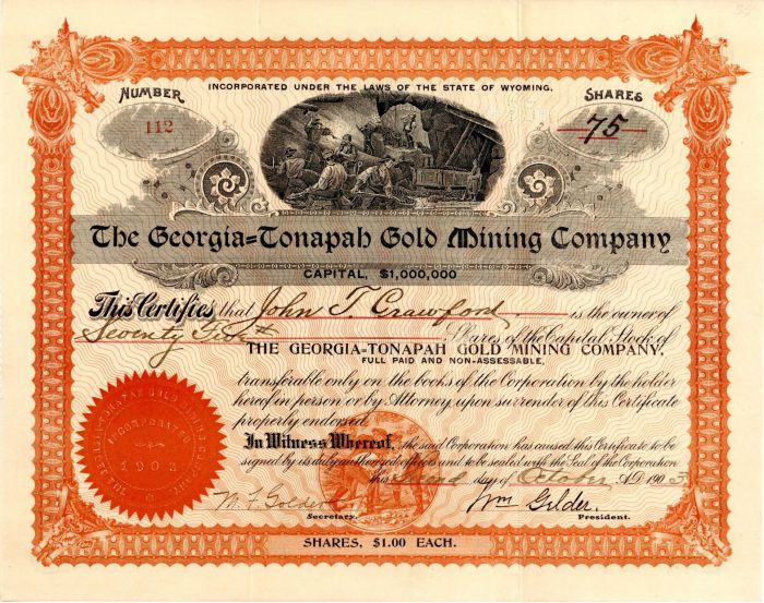 Georgia=Tonapah Gold Mining Co. - Stock Certificate