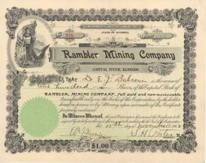 Rambler Mining Co. - Wyoming Mining Stock Certificate