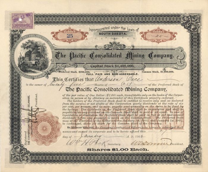 Pacific Consolidated Mining Co. - Stock Certificate