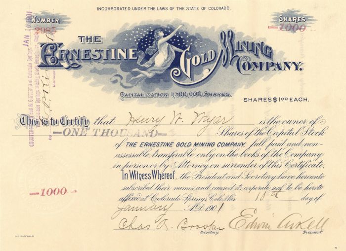 Ernestine Gold Mining Co. - Colorado Stock Certificate