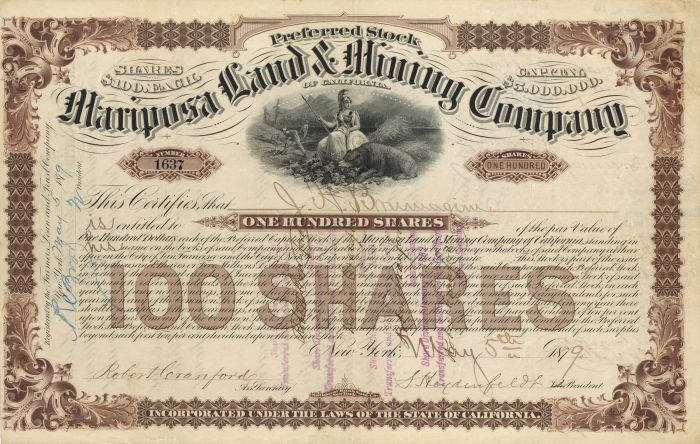 Mariposa Land and Mining Co. - Stock Certificate