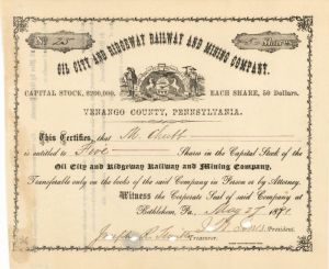Oil City and Ridgeway Railway and Mining Co. - Stock Certificate