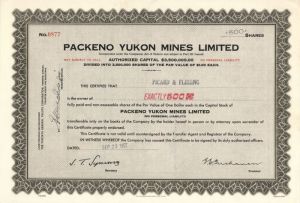 Packeno Yukon Mines Limited - Stock Certificate