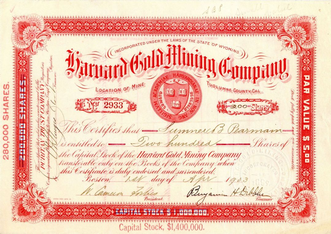 Harvard Gold Mining Co. - Stock Certificate