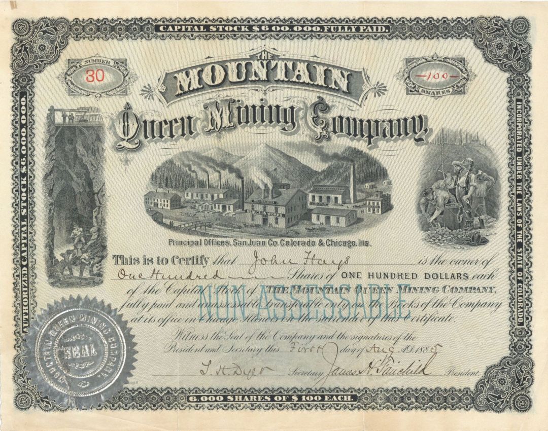Mountain Queen Mining Co. - Colorado Mining Stock Certificate