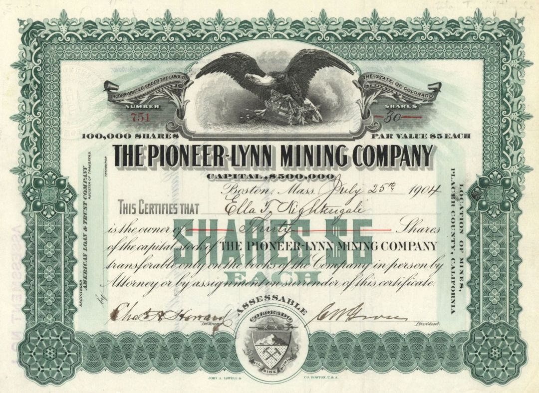 Pioneer-Lynn Mining Co. - Stock Certificate