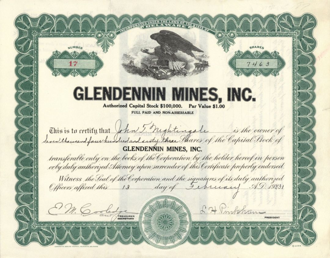 Glendennin Mines, Inc. - Stock Certificate