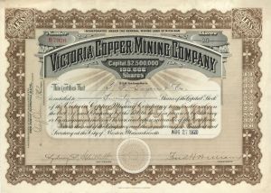 Victoria Copper Mining Co. - Michigan Mining Stock Certificate